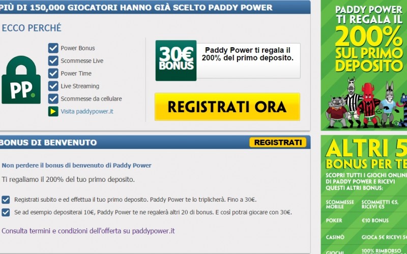Bonus Scommesse Paddy Power 200%