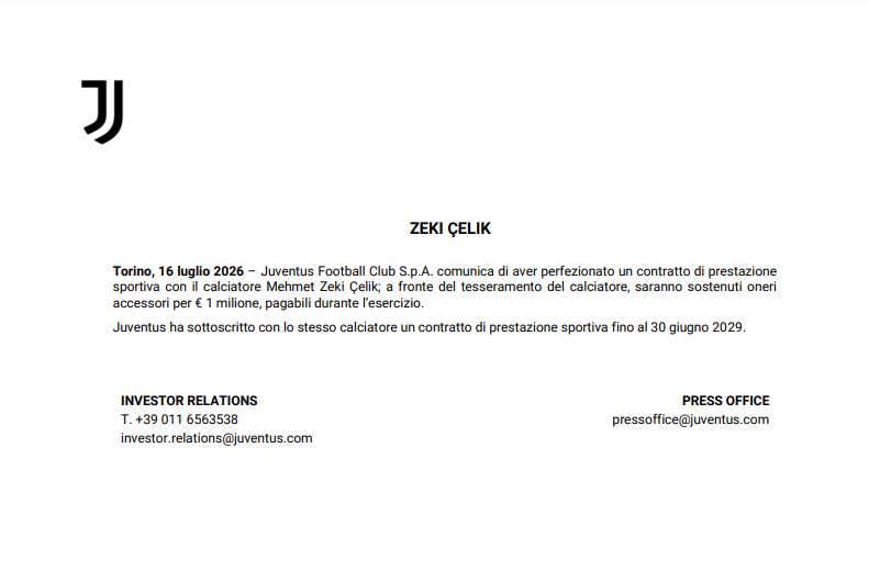 Zeki Celik è un nuovo giocatore della Juventus: il comunicato ufficiale dei bianconeri 2 juventus