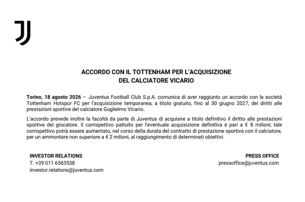 Guglielmo Vicario è un nuovo giocatore della Juventus il comunicato ufficiale del club bianconero